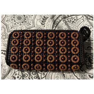 Handmade Wristlet double Zipper Clutch Beaded Brown Black Crochet Bohemian